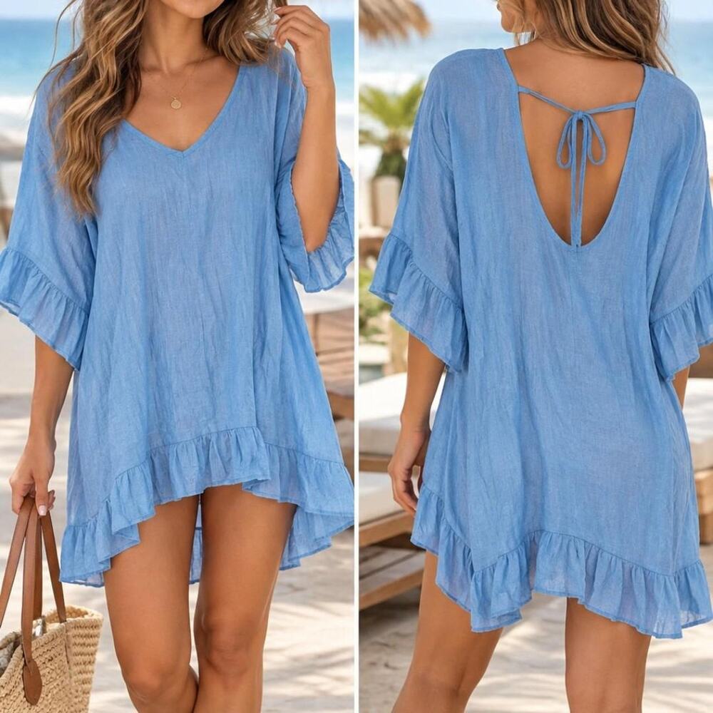 Blue linen bathing suit coverup
